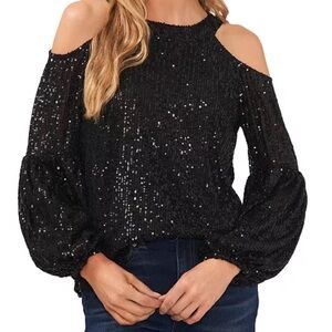 Black sequined blouse with cutout shoulders from CeCe.